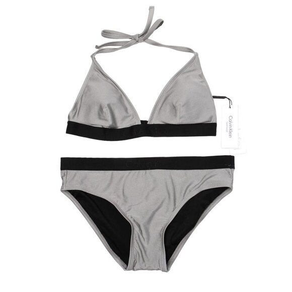 CALVIN KLEIN Swimsuit 2-Piece Logo Bikini Set Platinium Silver Triangle Halter L - Picture 3 of 13